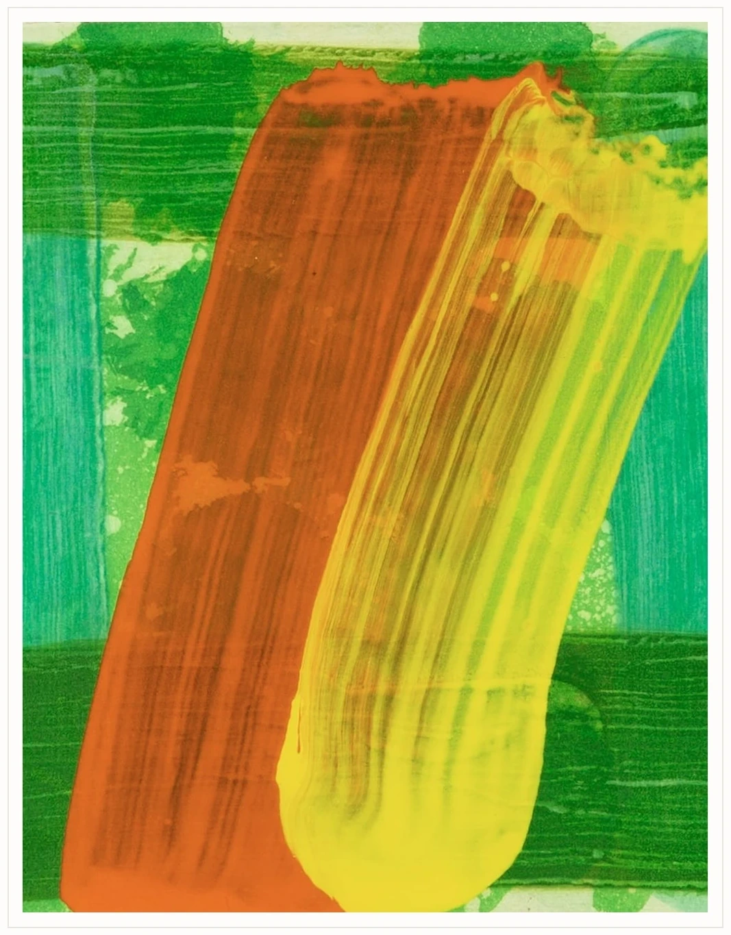 Warm gestural abstract work in green, orange and yellow