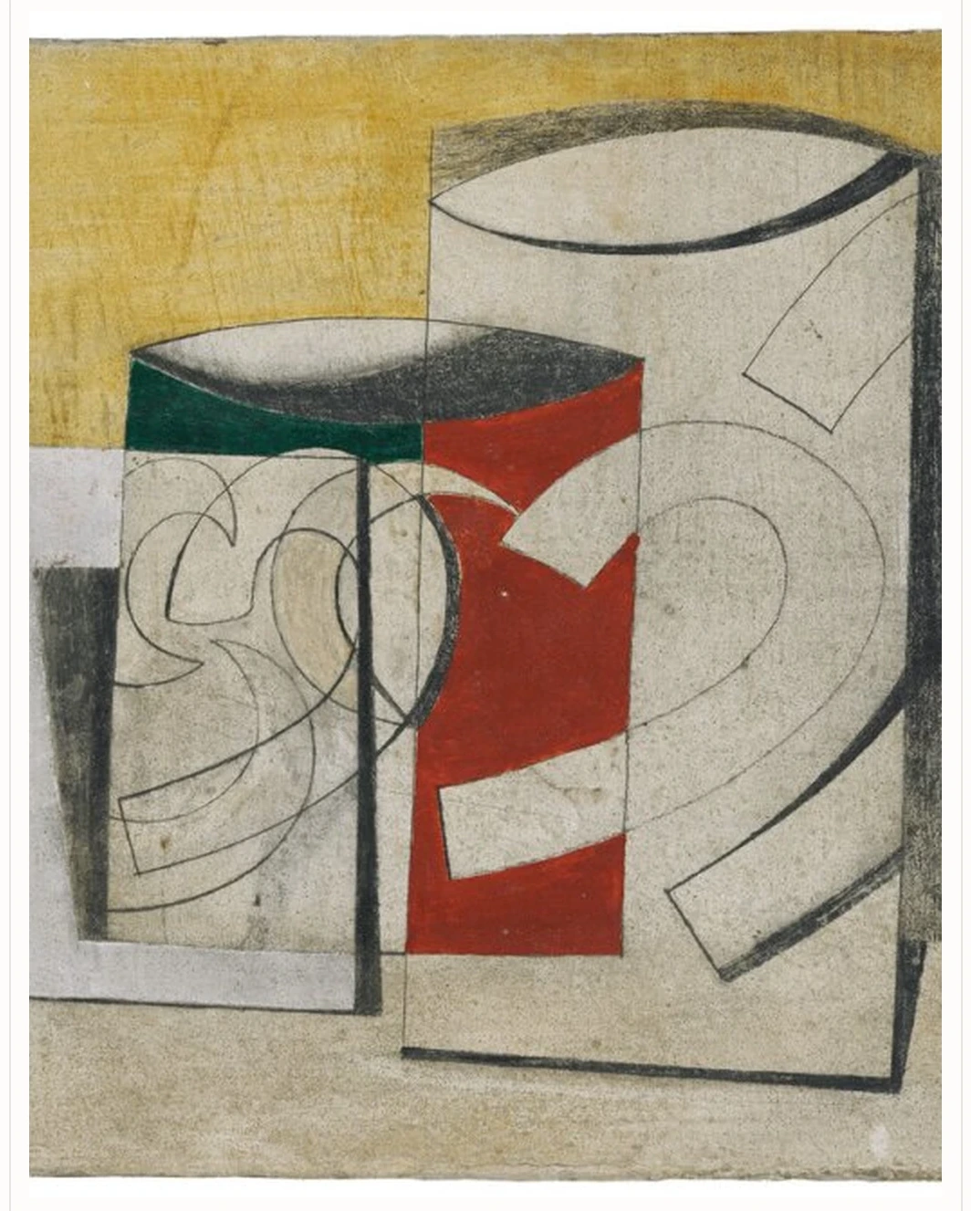 Structured modern abstract work in red, ochre and charcoal